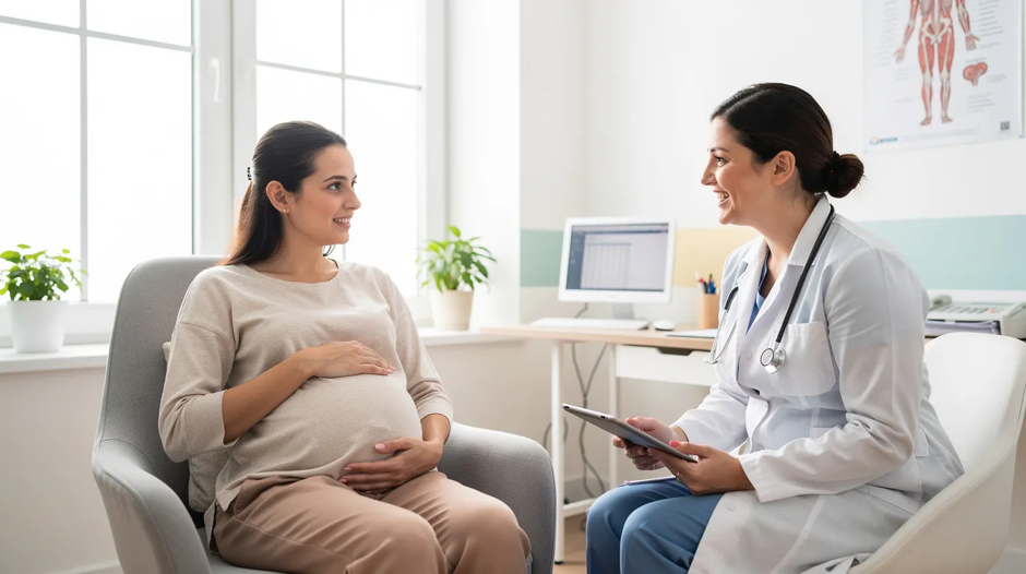 A pregnant woman is seated comfortably in a bright, modern clinic, engaging in a consultation with a healthcare professional regarding hepatitis B. The discussion likely involves important topics such as hepatitis B vaccination and the prevention of perinatal transmission of the hepatitis B virus to ensure the health of both mother and baby.