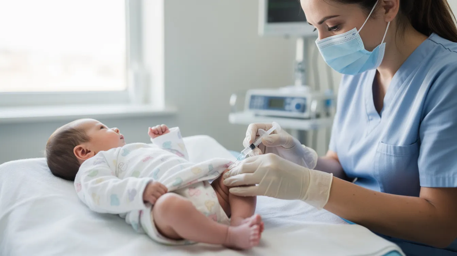 A healthcare professional is gently administering a hepatitis B vaccine to a newborn baby in a hospital setting, ensuring the infant receives protection against potential hepatitis B virus infections. The scene reflects a caring approach in a clinical environment focused on infant health and vaccination.
