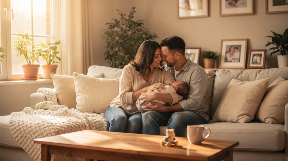 A joyful family is gathered on a cozy sofa in their warm living room, lovingly admiring their newborn baby. The scene captures the essence of family bonding in a nurturing environment, highlighting the importance of maternal health and the potential need for hepatitis B vaccination to protect newborns from perinatal transmission.