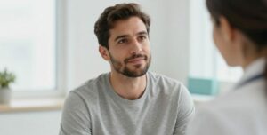 Hombre con camiseta gris escuchando a una profesional sanitaria en una consulta